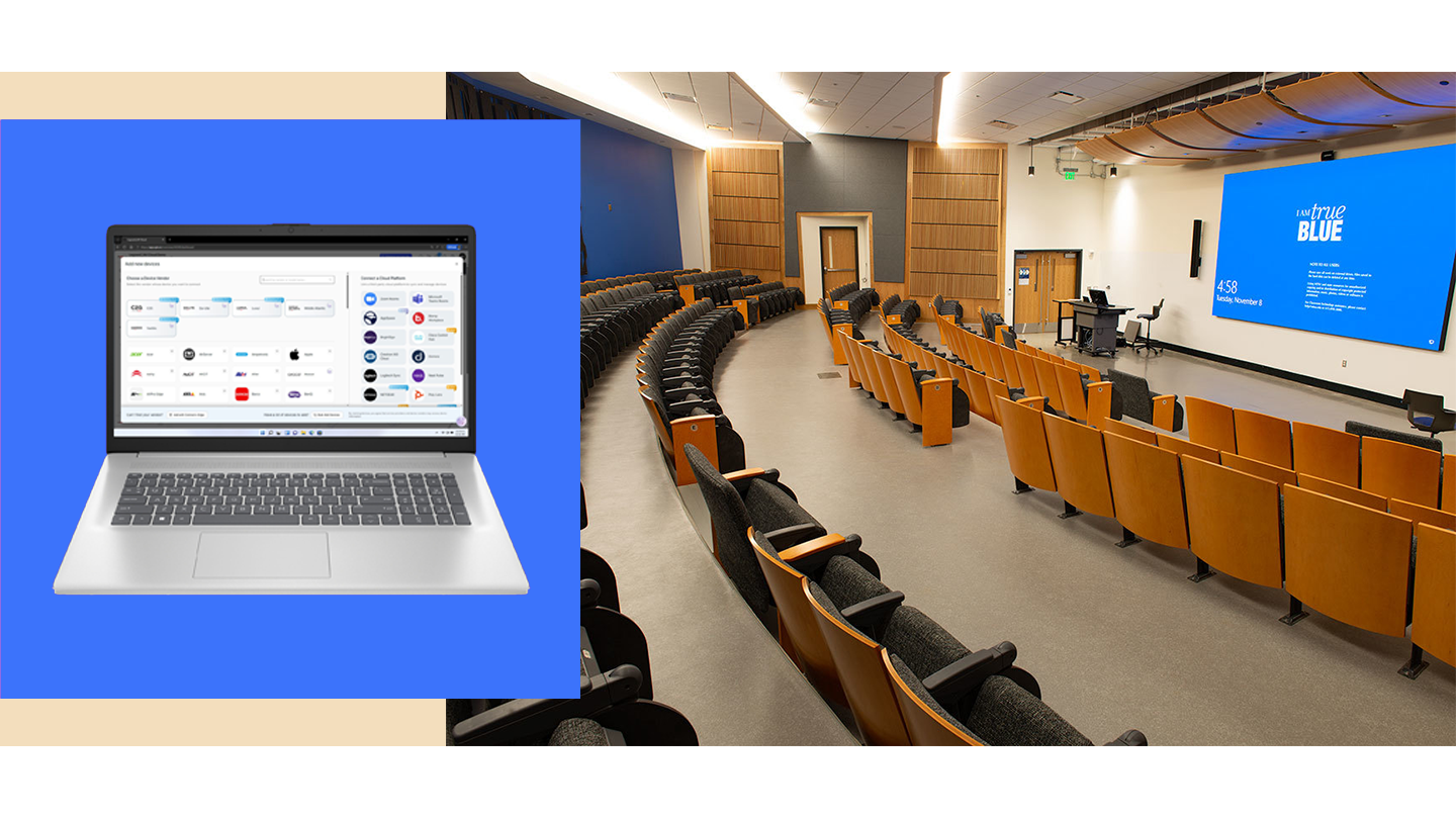 A laptop running C2G cloud software superimposed over a presentation space. 