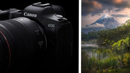 Canon camera under low key lighting, alongside a photography of a snow-capped mountain in New Zealand