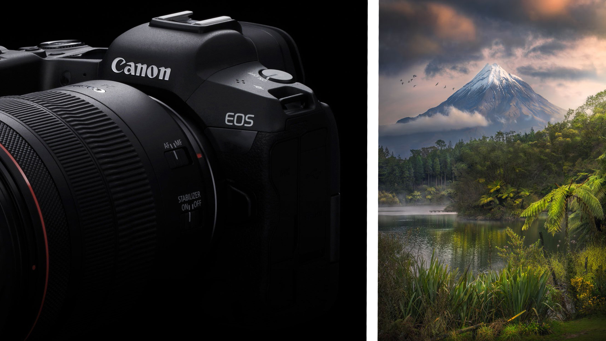Canon camera under low key lighting, alongside a photography of a snow-capped mountain in New Zealand