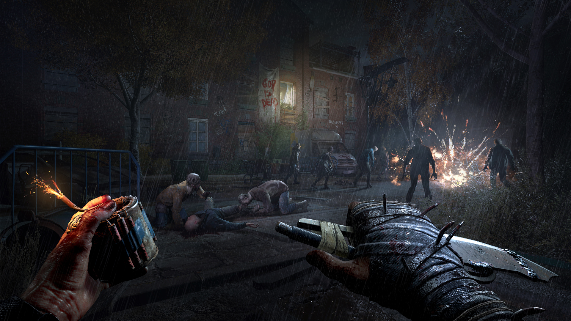 Dying Light: The Beast screenshot of Kyle holding a bomb and a knife
