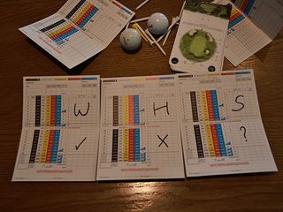 Three golf scorecards each with a letter from WHS on them, with a tick, cross and question mark under each letter