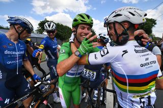 CHATEAUROUX FRANCE JULY 01 Mark Cavendish of The United Kingdom Green Points Jersey Julian Alaphilippe of France and Team Deceuninck QuickStep celebrates at arrival during the 108th Tour de France 2021 Stage 6 a 1606km stage from Tours to Chteauroux LeTour TDF2021 on July 01 2021 in Chateauroux France Photo by David Stockman PoolGetty Images