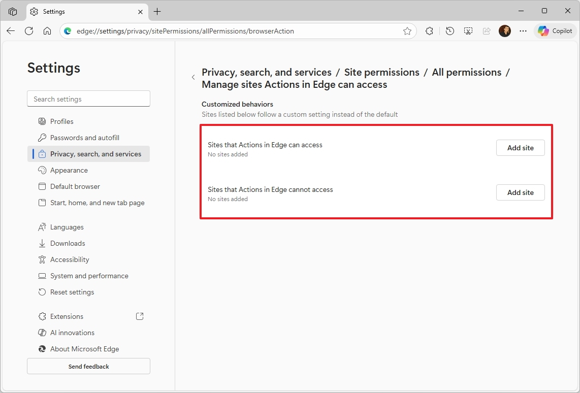 Microsoft Edge manage Actions site access