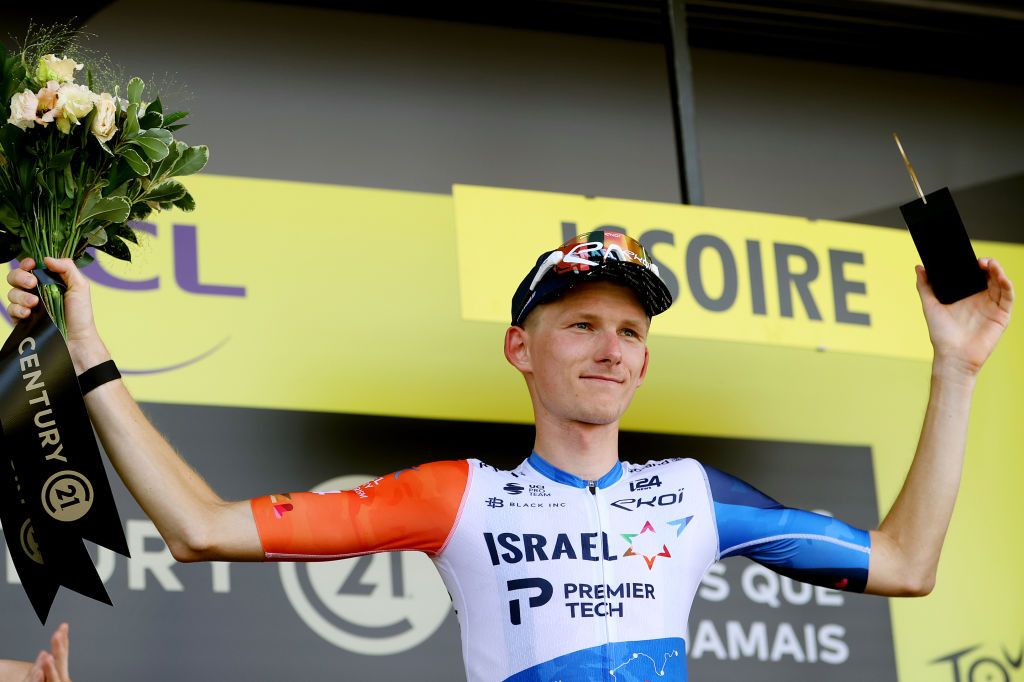 ISSOIRE FRANCE JULY 11 Krists Neilands of Latvia and Team IsraelPremier Tech celebrates at podium as most combative rider trophy during the stage ten of the 110th Tour de France 2023 a 1672km stage from Vulcania to Issoire UCIWT on July 11 2023 in Issoire France Photo by Michael SteeleGetty Images
