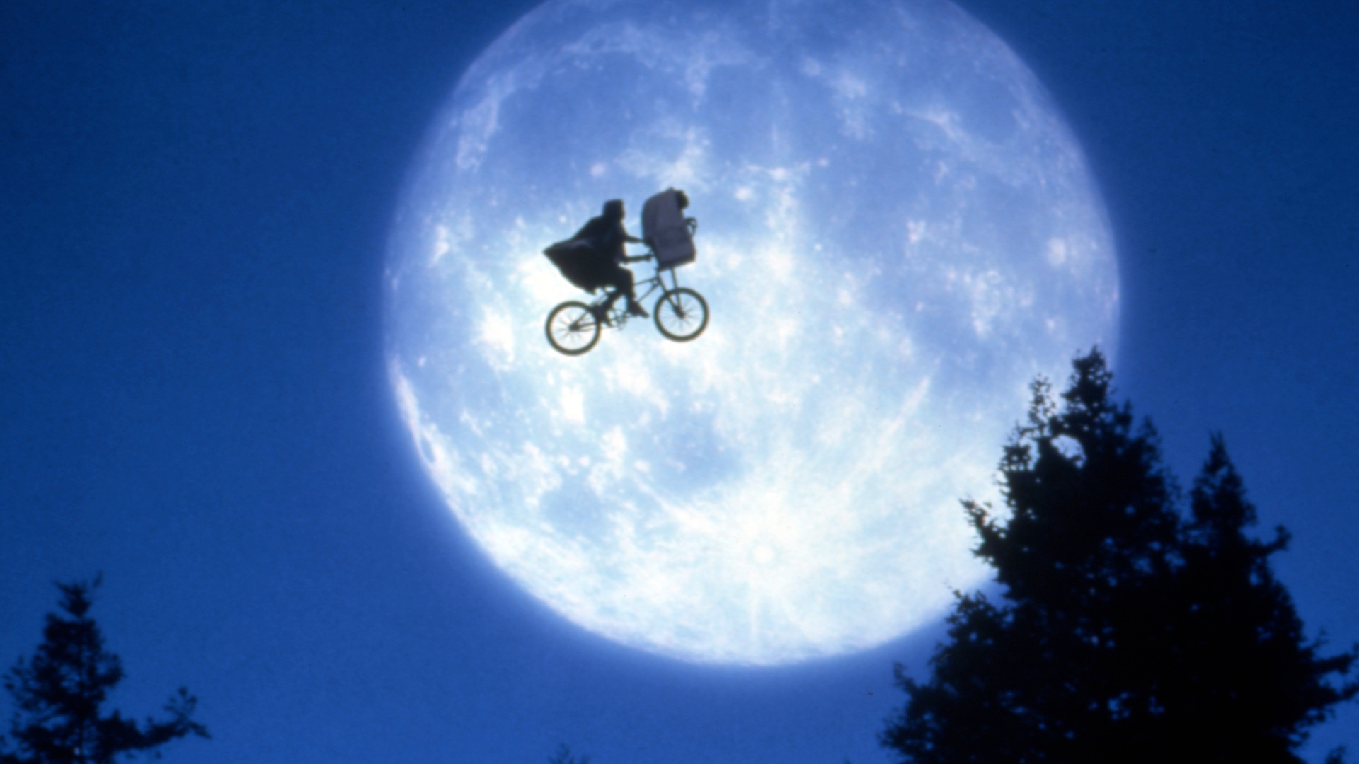 Elliot on a bicycle in front of the moon with E.T. in his basket 