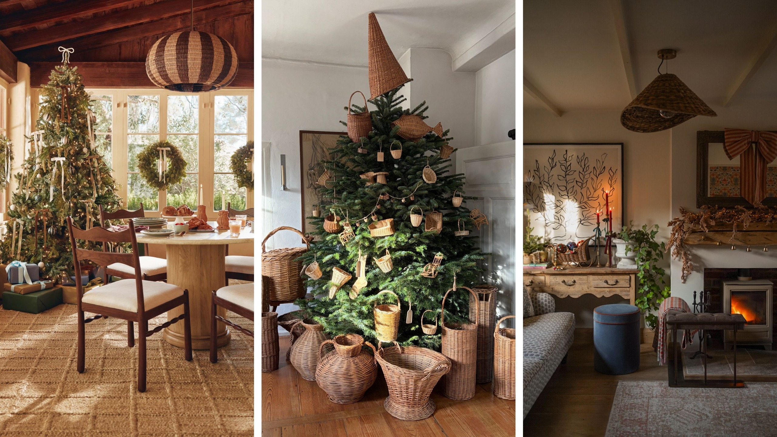 Wicker Christmas trend header image of a dining room with a wicker table setting, a Christmas tree decorated with baskets, and a living room with a fireplace and Christmas decorations.