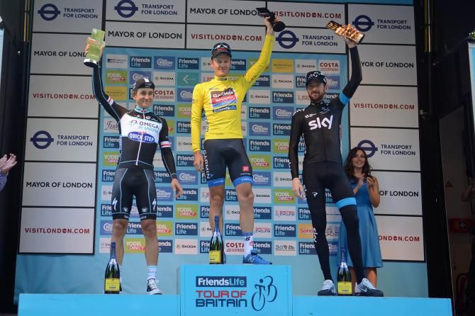 The 2014 Tour of Britain podium: Michal Kwiatkowski, Dylan van Baarle and Bradley Wiggins