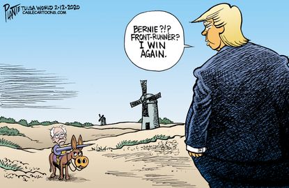 Political Cartoon U.S. Trump Bernie Sanders Don Quixote democratic primaries frontrunners 2020 election