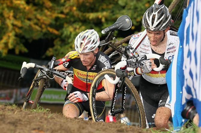 Belgian champion Klaas Vantornout, left, on the run-up with German champion Philipp Walsleben