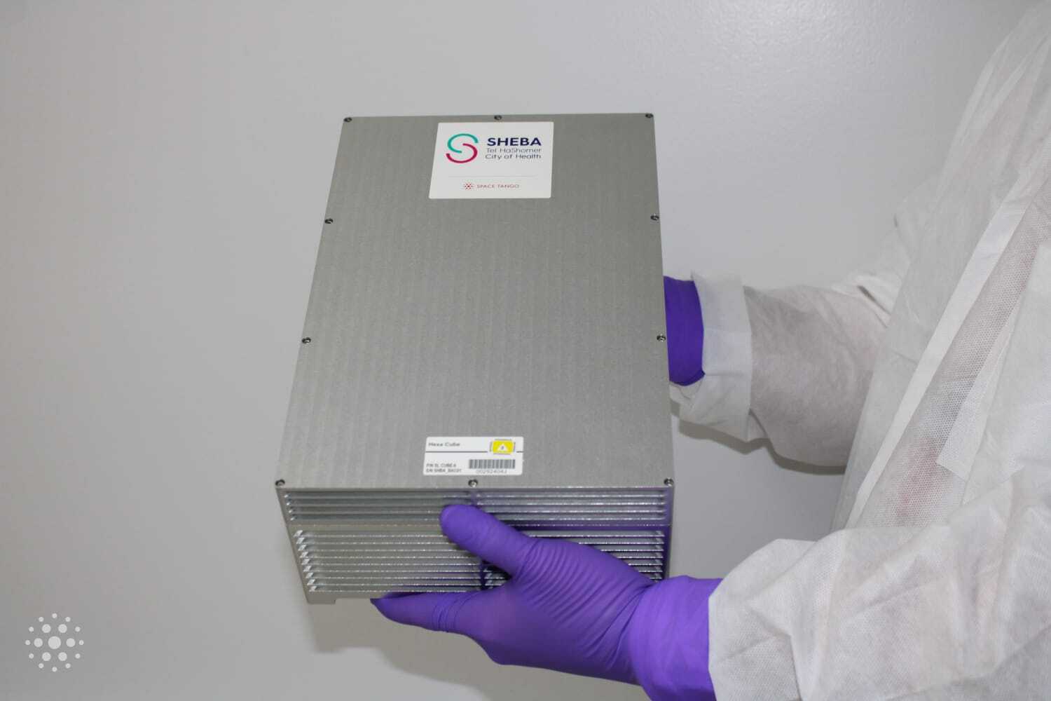 Hands wearing purple latex gloves handle various metal pieces of equipment and laboratory vials as part of a scientific study.