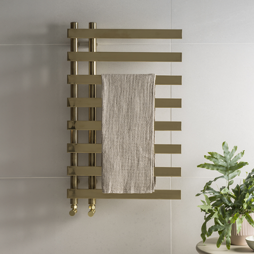 Victorian Plumbing, Arezzo Brushed Brass 8 Bars Designer Heated Towel Rail