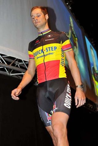 Tom Boonen (Quick Step) gets a custom Belgian national champion's jersey.