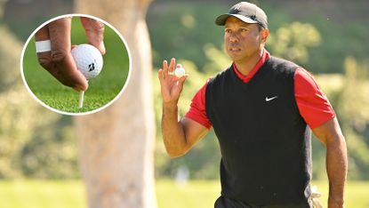 Tiger Woods thanks the fans and a close up of his ball