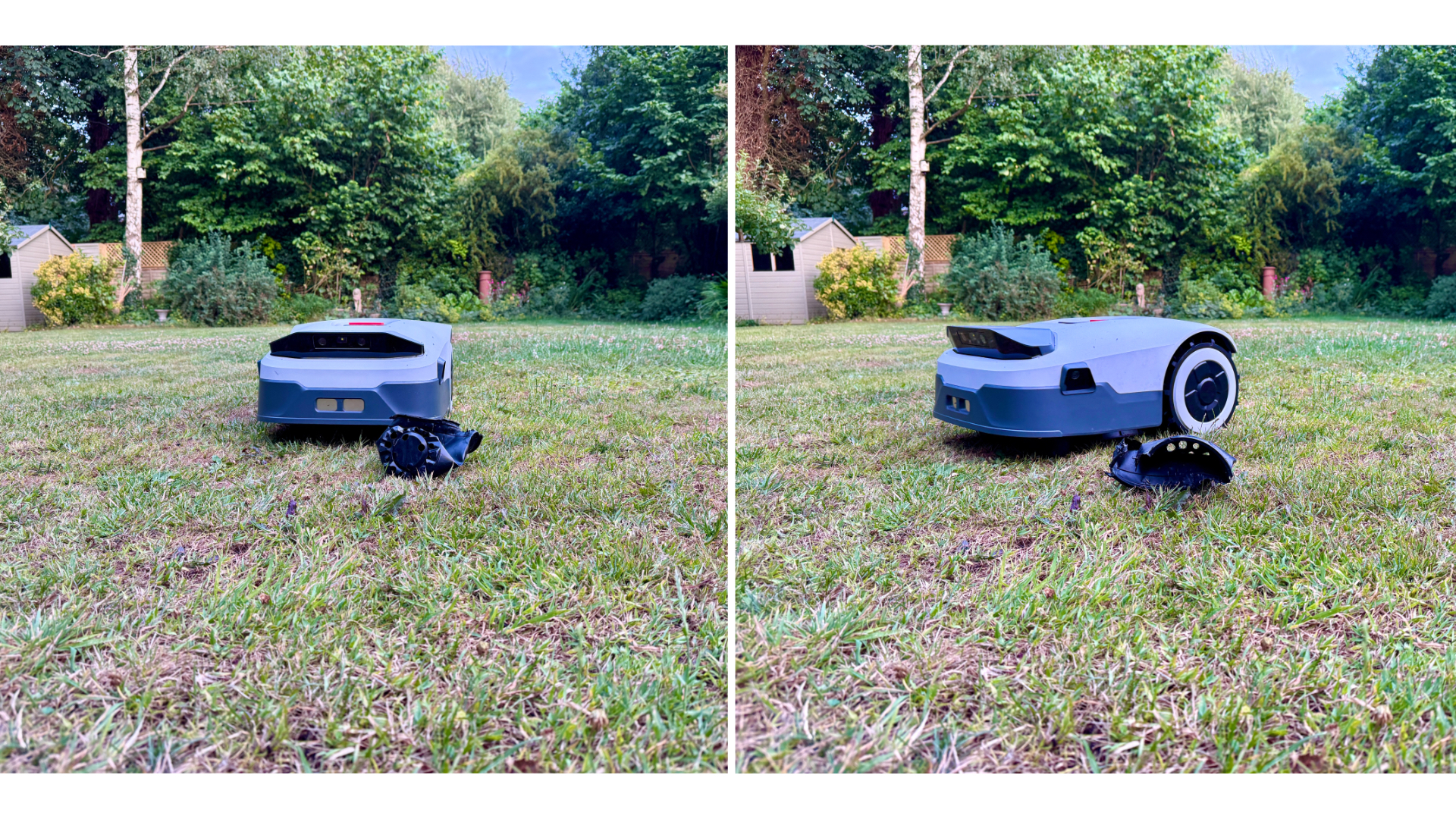 Anthbot Genie 300 robot lawn mower avoiding obstacles in reviewer's yard