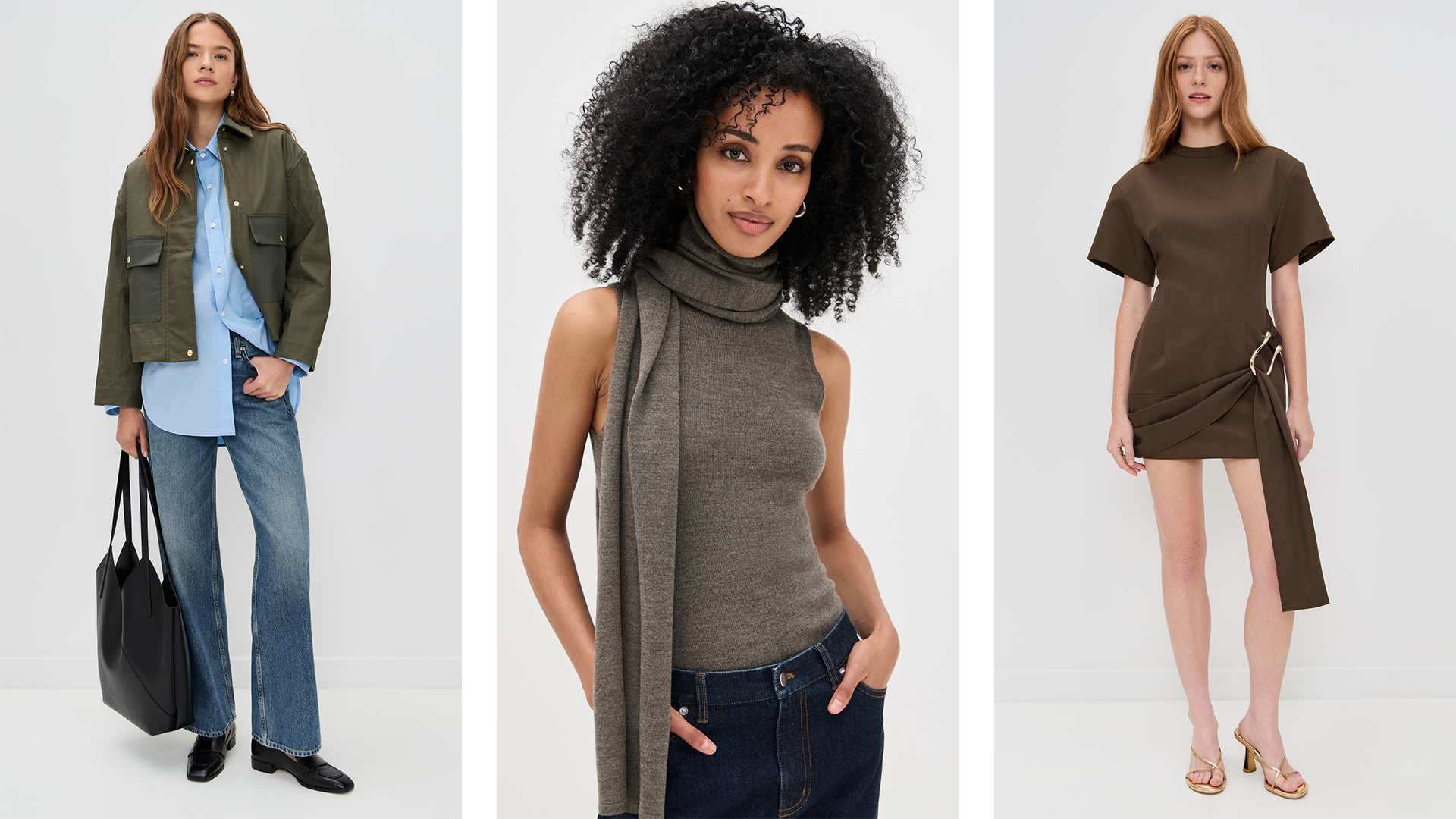 model wears jeans, blue button-dow, green jacket, and black hand bag, model wears scarf top, model wears brown dress with silver hardware detail. 
