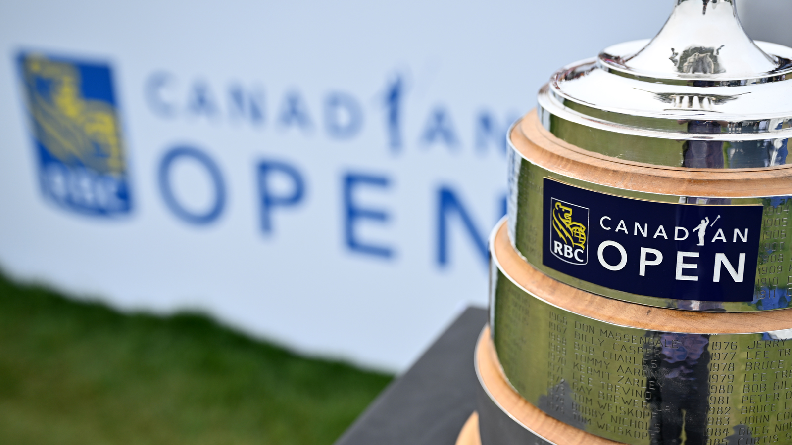 The RBC Canadian Open 2025 trophy is seen on the first tee during the final round of the RBC Canadian Open 2025 at TPC Toronto at Osprey Valley