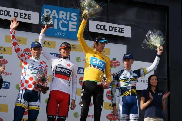 Bradley Wiggins (Sky) atop the podium at the Col d'Eze.