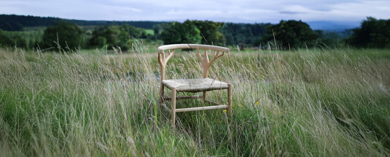 Homemade wooden chair standing in a field of long grass