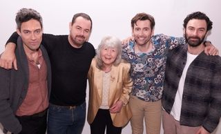 Rivals on Disney Plus cast (from left) Alex Hassell, Danny Dyer, David Tennant and Aidan Turner with author Jilly Cooper.