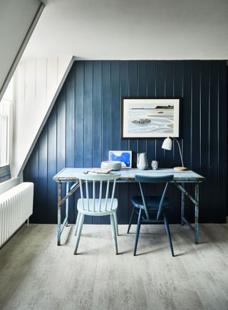 Blue and white home office with desk against panelled wall
