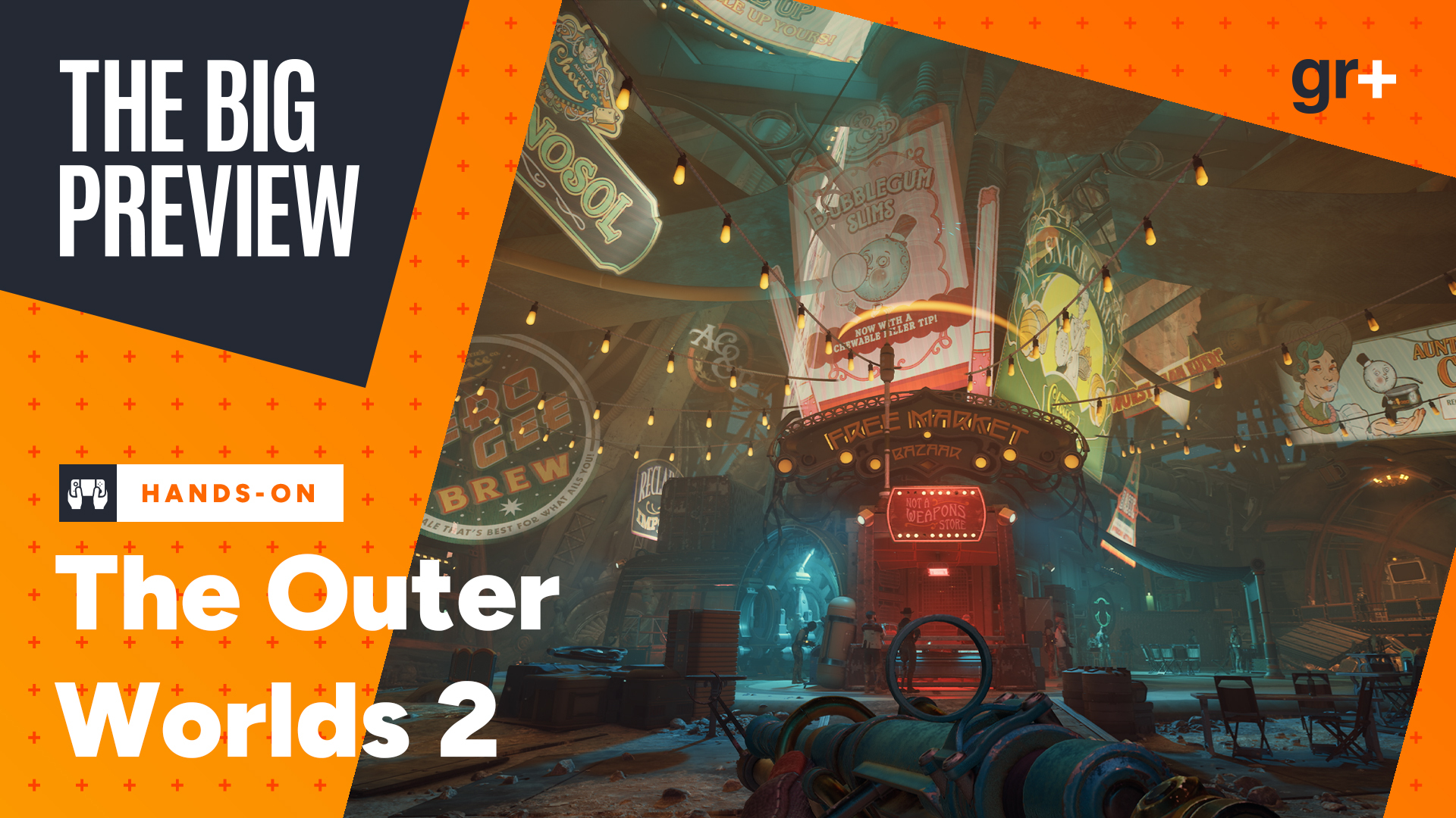 The Outer Worlds 2 screenshot showing a large market with corporate advertisements