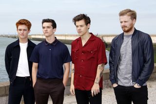Actors Tom Glynn-Carney, Fionn Whitehead, Harry Styles and Jack Lowden pose for "Dunkirk" Photocall