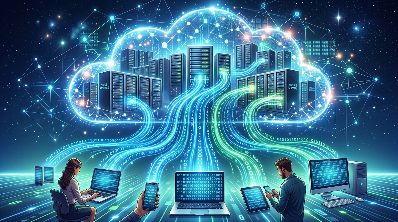 An image showing streams of zeroes and ones being transferred to computers in the cloud to illustrate the concept of cloud storage.