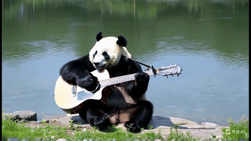 Kling generated AI video of a panda playing guitar by a lake