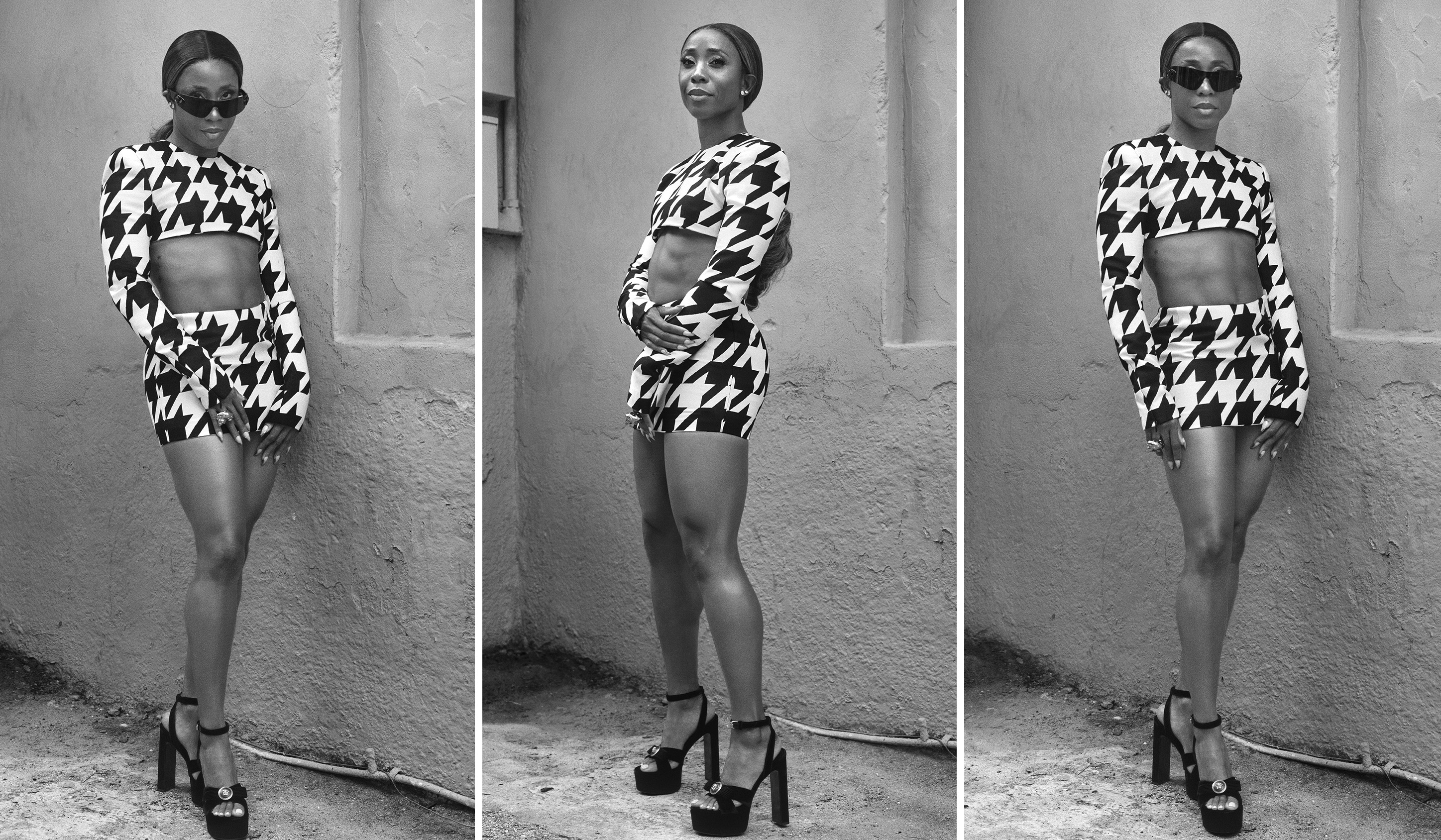 three black and white photos of Shelly Ann Fraser Pryce wearing a houndstooth set and black heels with a concrete backdrop