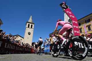 Tadej Pogačar makes his way to the start of stage 8 at the Giro d'Italia 2024