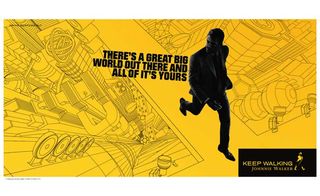 Jonnie Walker advert with shadowed man walking and yellow background
