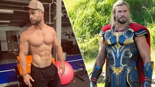 a photo of Chris Hemsworth after a workout and Chris Hemsworth as Thor