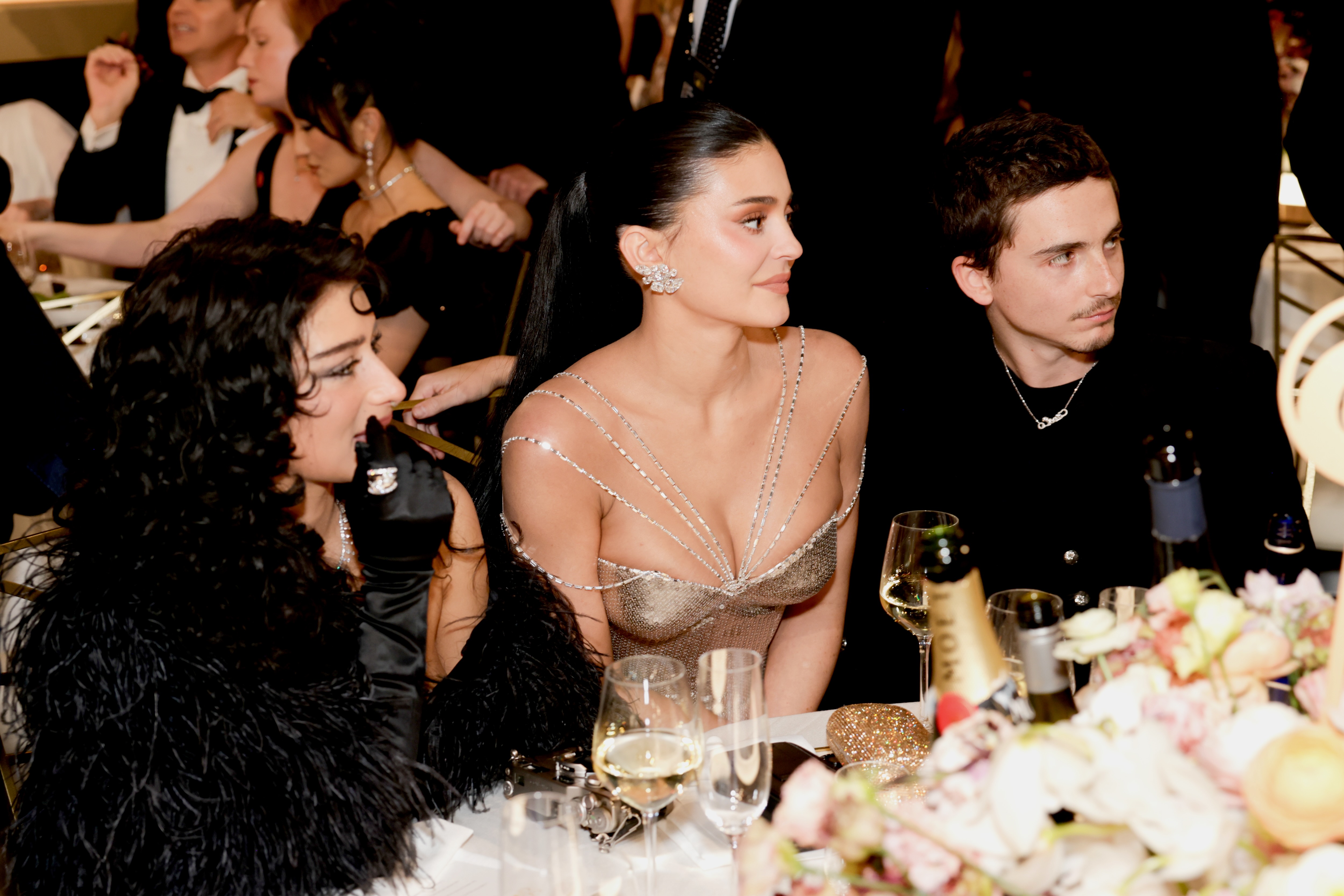 Odessa A'zion, Kylie Jenner and Timoth&amp;eacute;e Chalamet attend the 83rd Annual Golden Globe Awards at The Beverly Hilton on January 11, 2026 in Beverly Hills, California.
