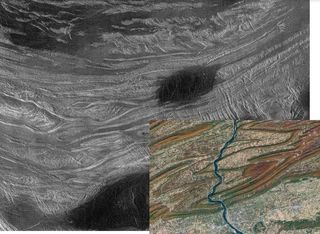Fold mountains in Ovda Regio, Venus. The insert is a similar view of part of the Applachians in central Pennsylvania.