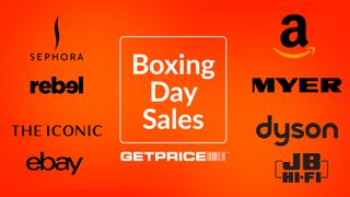 Several retailer and brand logos on an orange background surrounding the words "Boxing Day Sale"