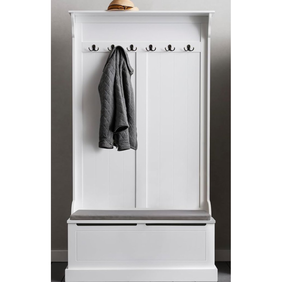 white coat and shoe stand with bench and hooks