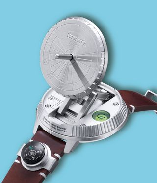 sundial-inspired Seiko watch concept on coloured background