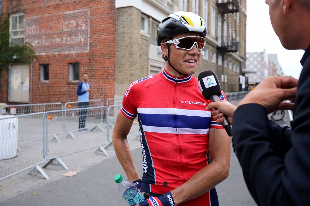 Edvald Boasson Hagen (Norway) speaking to the media after the race