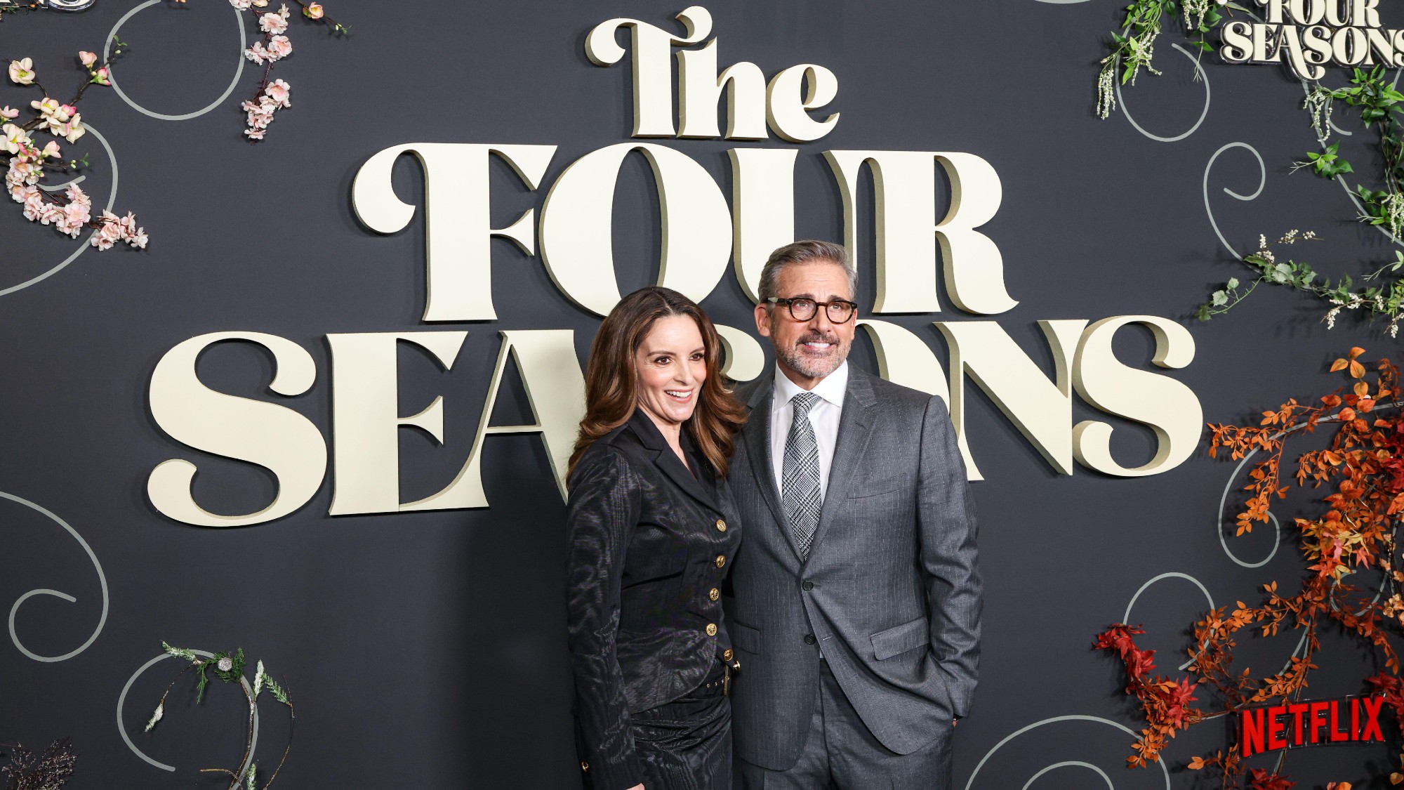 Tina Fey and Steve Carell arrive at the Los Angeles premiere of Netflix's 'The Four Seasons' on April 24, 2025 in Los Angeles, California