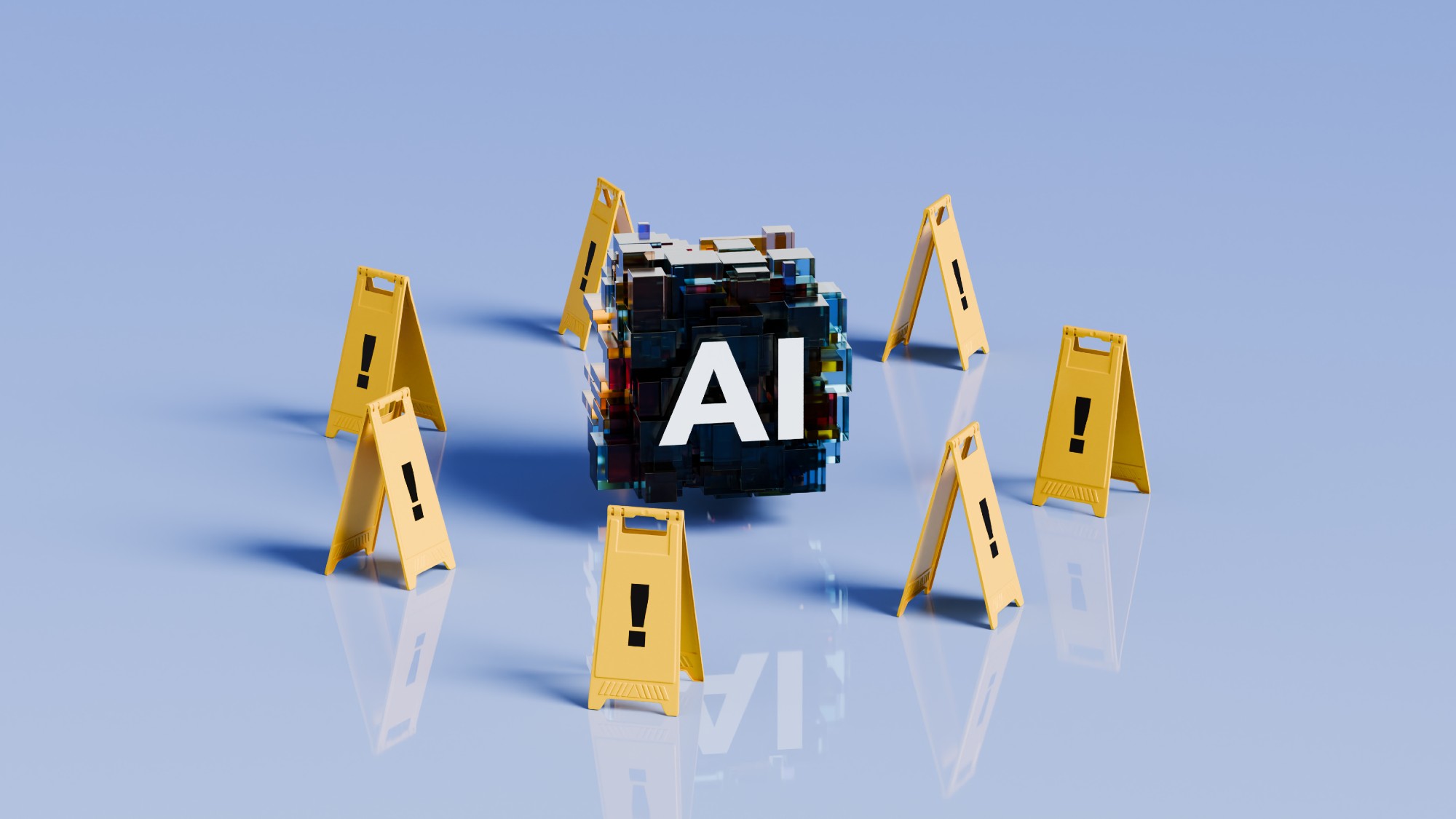 AI symbol inside a circle of bright yellow foldable caution signs adorned with exclamation marks