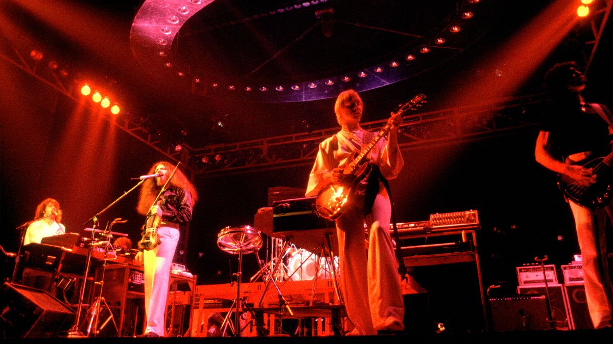 Steve Walsh, Robby Steinhardt and Kerry Livgren of Kansas performign at the Uptown Theater in Chicago, Illinois, October 28, 1980. 