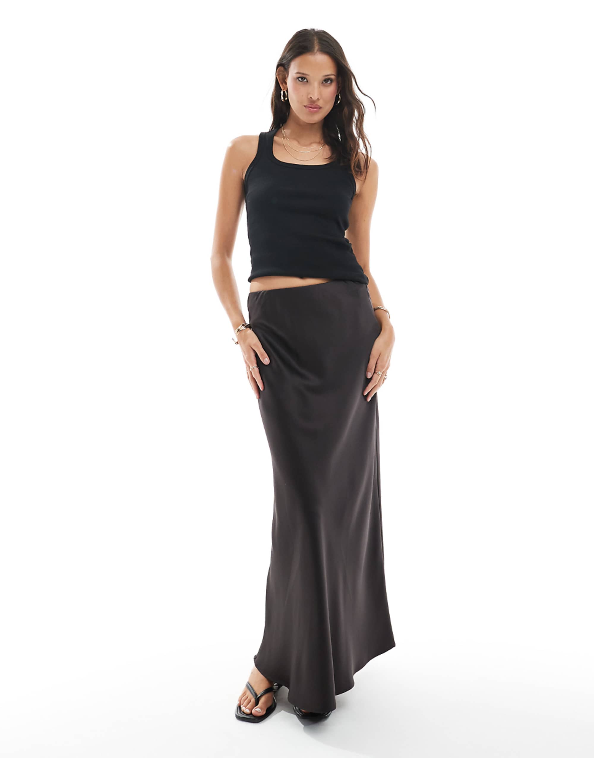 Vero Moda Satin Bias Cut Midi Skirt in Chocolate