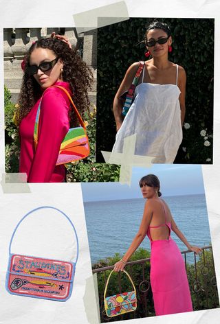 the best staud bags shown in a collage of women carrying the Staud Moon Bag