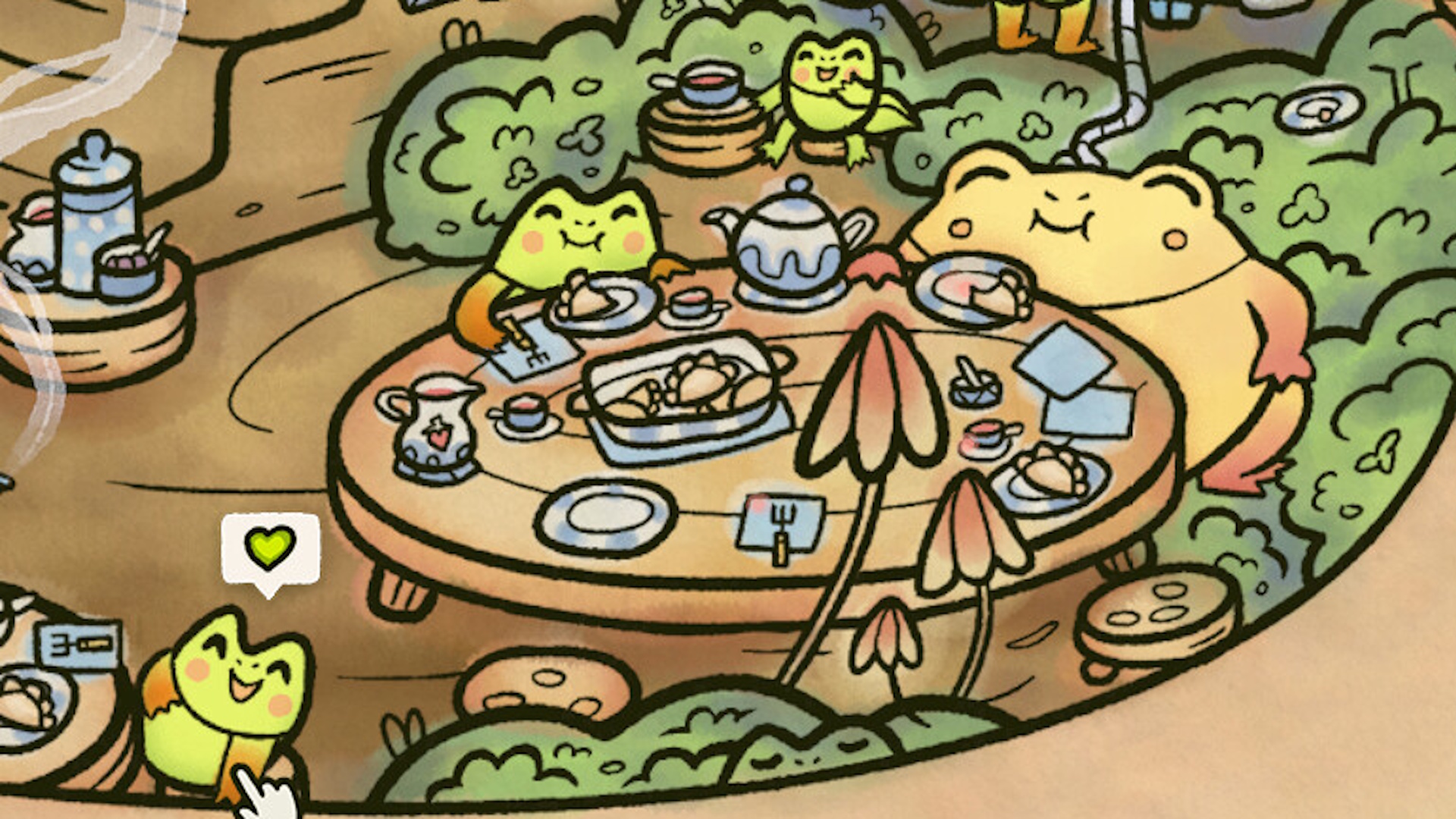 Frogs and toads enjoying a nice mean in Find My Frogs: Branches