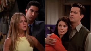 Side by side of Jennifer Aniston and David Schwimmer standing next to each other in Friends and Courteney Cox and Matthew Perry holding each other in Friends.