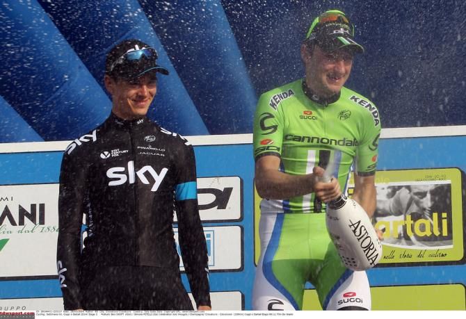 Stage 3 winner Elia Viviani (Cannondale) celebrates on the podium