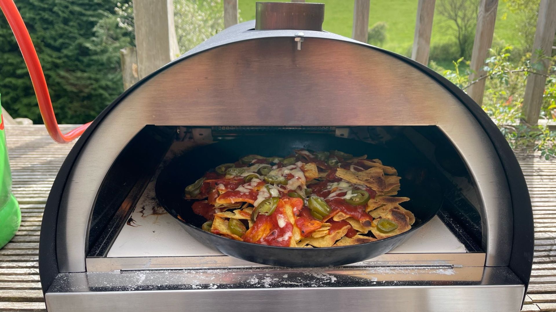 Nachos coming out of the Woody Pizza Oven