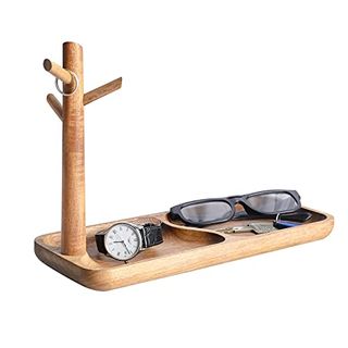 CYQGDKF Wood Key Tray for Entryway Table, Jewelry Tray, Catchall Tray with 3 Stand Hanging Organizer, for Rings, Phone, Bracelets Watches