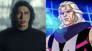 Kylo Ren (Driver) glaring at Rey in Star Wars: Episode VIII - The Last Jedi, Magneto in season 1 of X-Men '97,