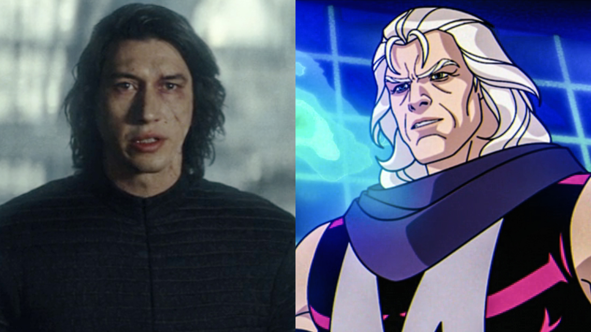 Kylo Ren (Driver) glaring at Rey in Star Wars: Episode VIII - The Last Jedi, Magneto in season 1 of X-Men '97,